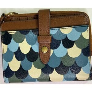 Fossil Brown Leather Wallet Colorful Scalloped Pattern Wrist Strap